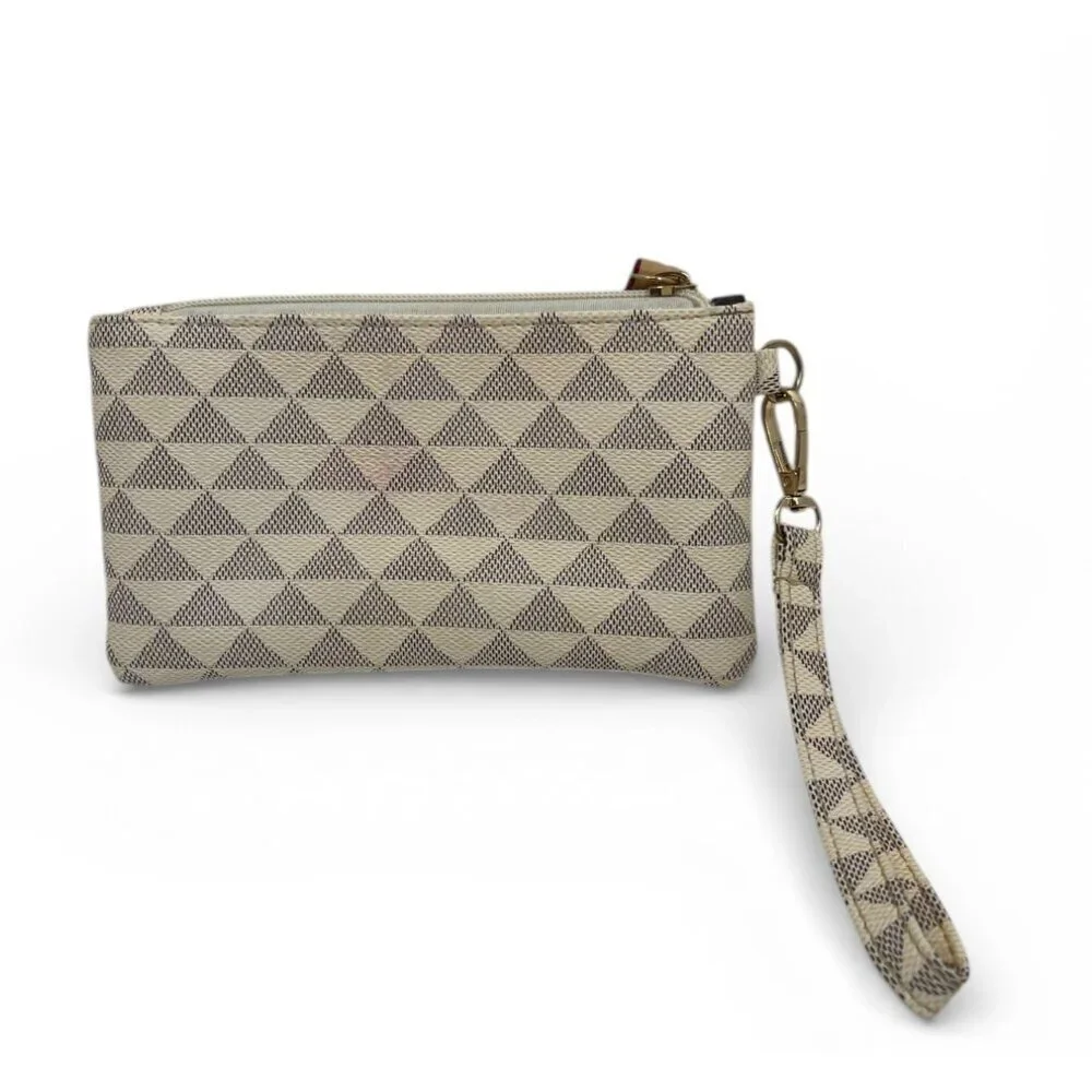 Geometric Pattern Beige Wristlet With Gold Accent & Zipper Closure